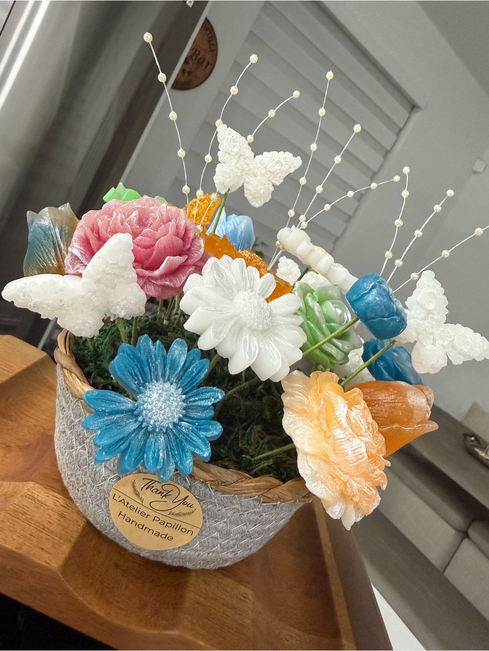 Handmade Multicolor Floral Arrangement in Gray Basket